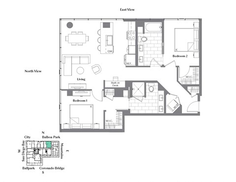Floor plan for 2 beds, 2 baths, 1205 sqft